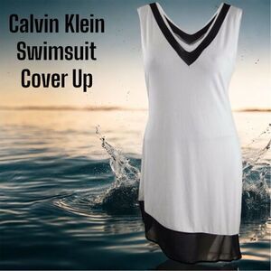 Calvin Klein Women's White Black Sheer Trim Asymmetrical Hem Swimsuit Cover-Up